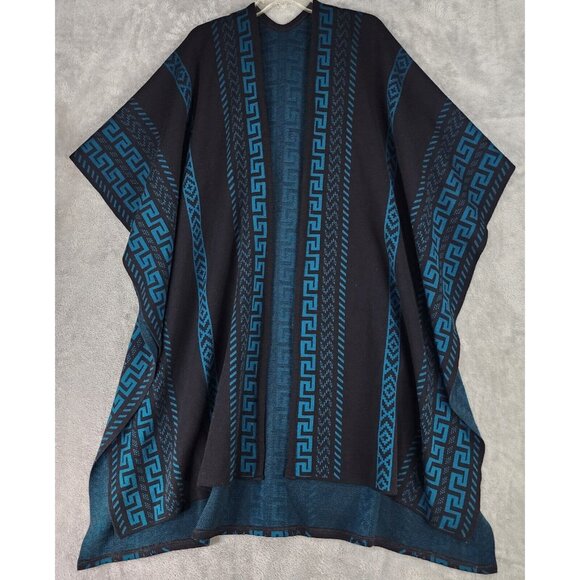 Womens Cape Coat One Size Black Blue Aztec Print Mexican Poncho Coatigan - Picture 1 of 9